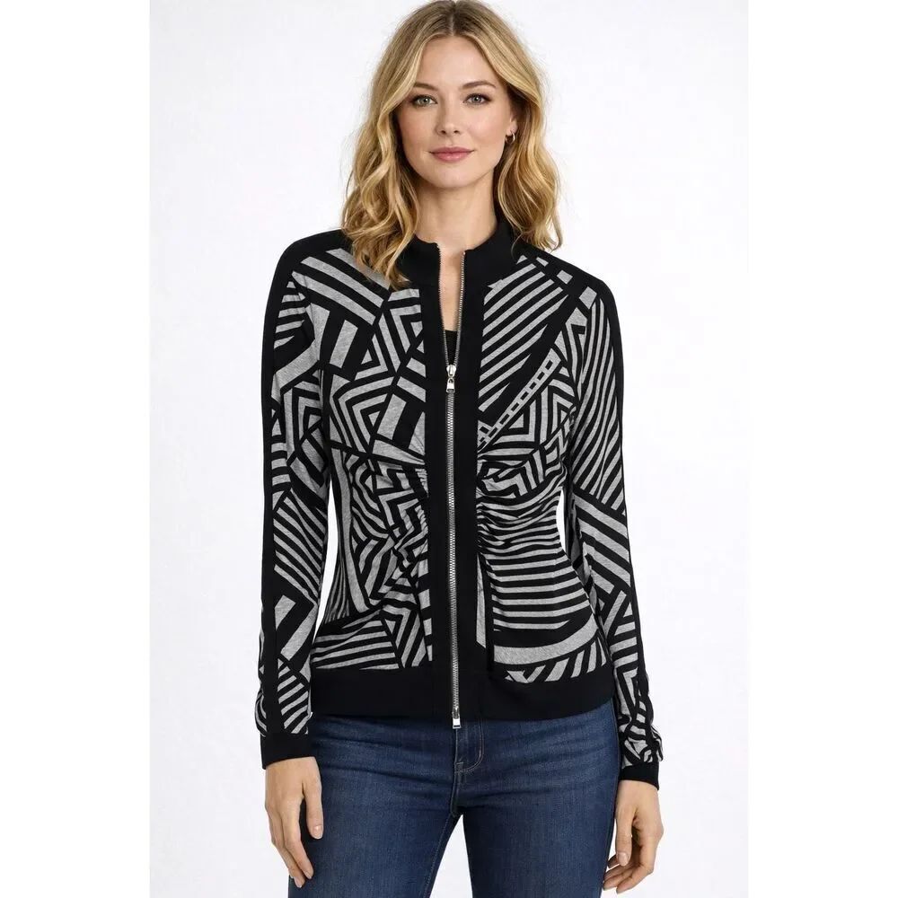 Joseph Ribkoff Geometric Print Zip Jacket Black White Size 12